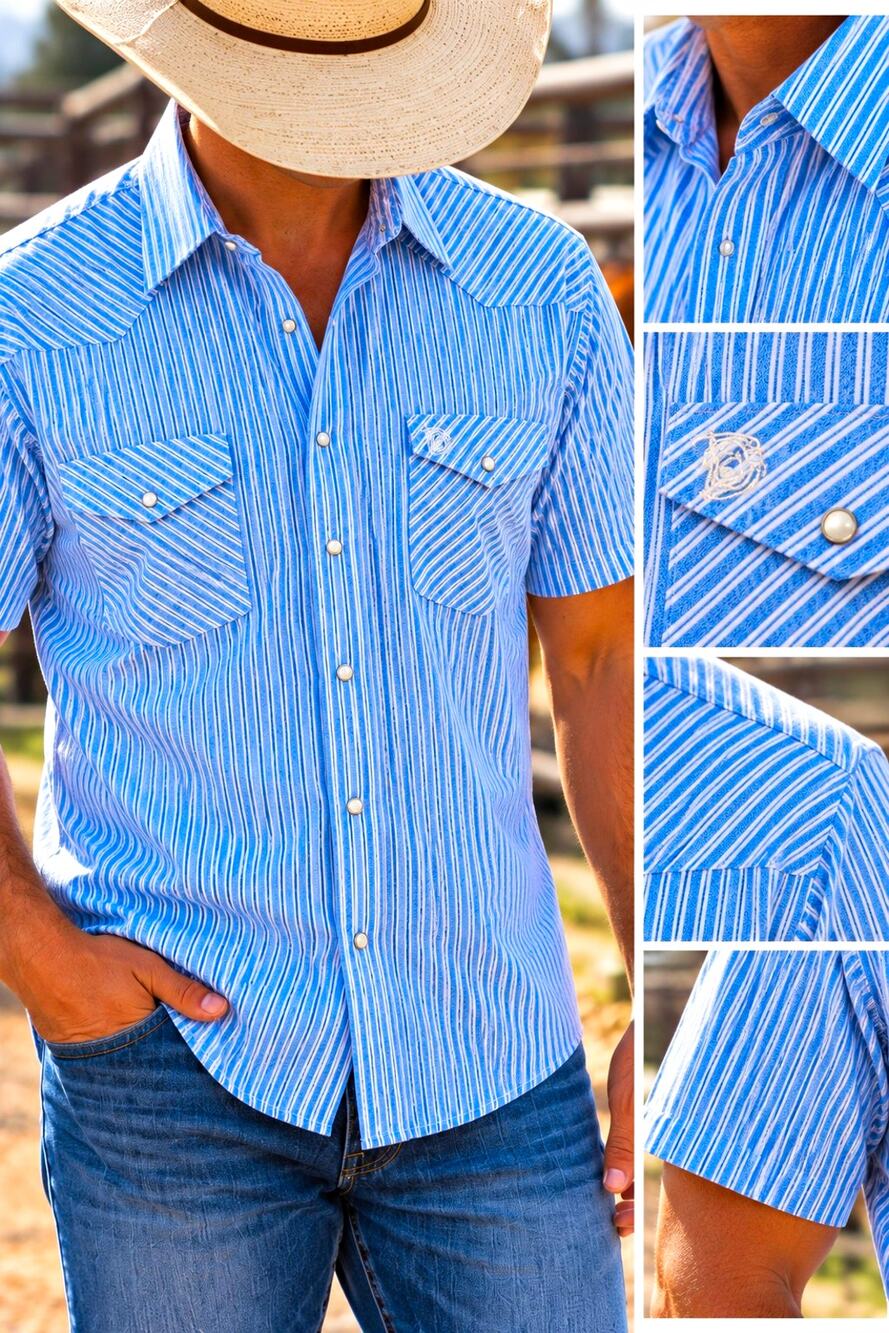 American West Blue/White Striped Woven Western Pocket Button-Up Shirt 2XL